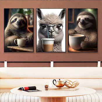 Винтажный забавный кофейный плакат с изображением Ламы и Утреннего ленивца, принты животных на холсте, картина для кафе, ресторана, домашнего декора, настенное искусство, картина