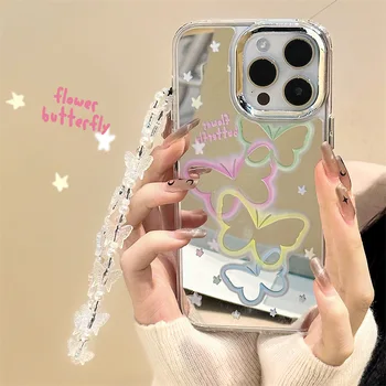 Зеркально Окрашенный браслет-бабочка с прозрачной звездой, чехол для телефона для iPhone 14 13 12 11 Pro Max Plus 12pro, женская задняя крышка с жемчужным ремешком